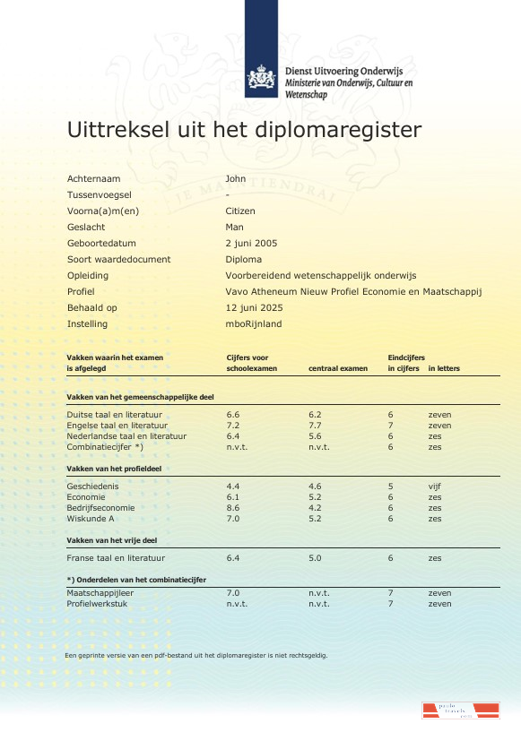 Netherlands MboRijnland Diploma Register Extract template in Word and PDF format